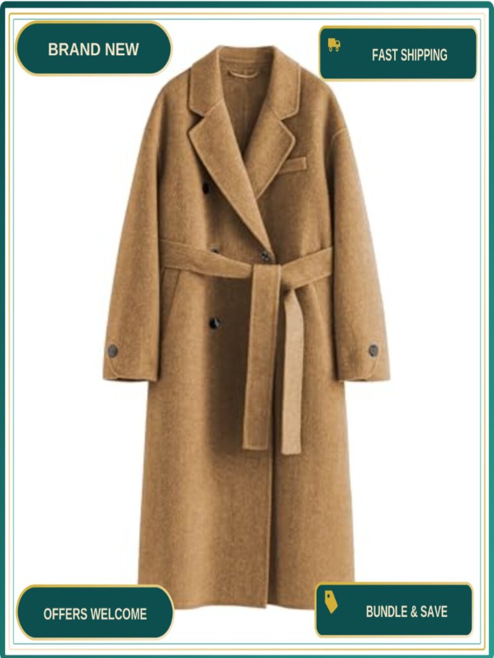 Womens Wool Pea Coat Double Breasted Belted Trench Coat Fall Winter